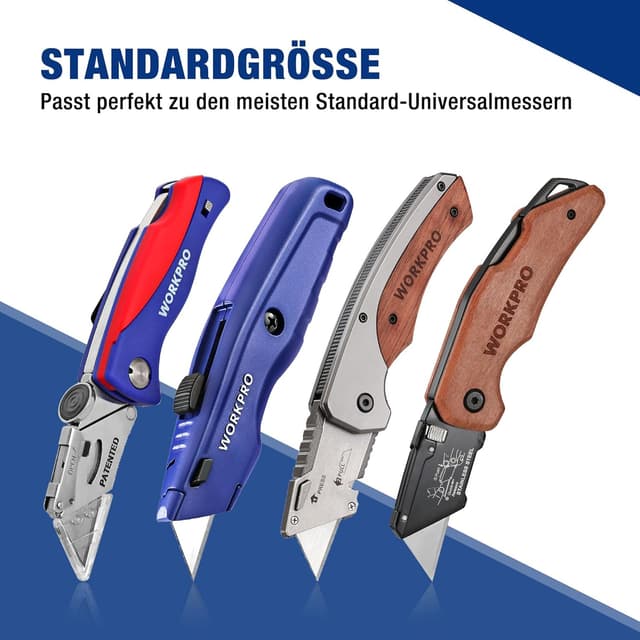 Detalle 2 de WORKPRO Trapezklingen Set (100-tlg.) SK5-Stahl, 0,6 mm Klingenstärke – Ersatzklingen im Spender