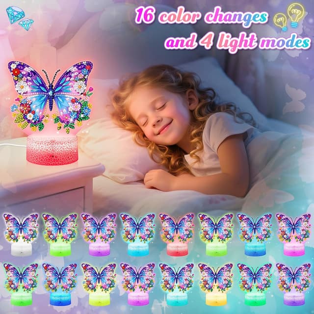 Detalle de Girls Butterfly Diamond Painting Night Light Craft Kit (Age 5–12) with Touch & Remote Control