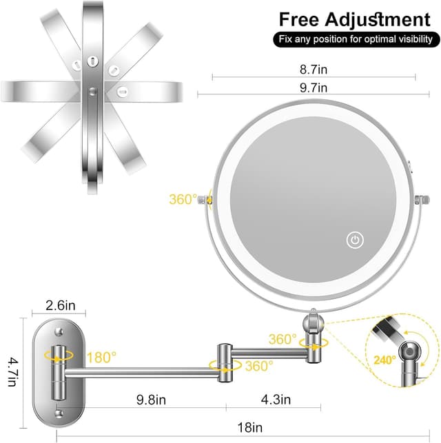 Thumbnail 5 de 9" Wall Mounted Lighted Makeup Mirror 4000mAh