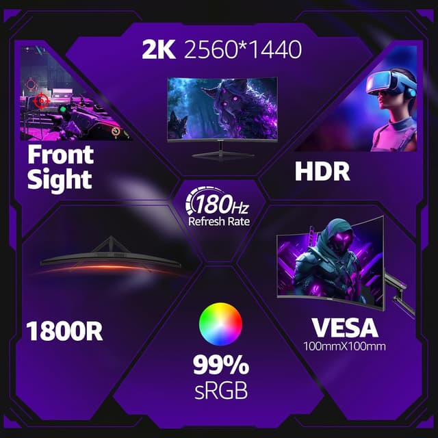 Detalle de Gawfolk 32-Inch Curved Gaming Monitor (180Hz QHD 2560x1440) with FreeSync, DisplayPort & HDMI