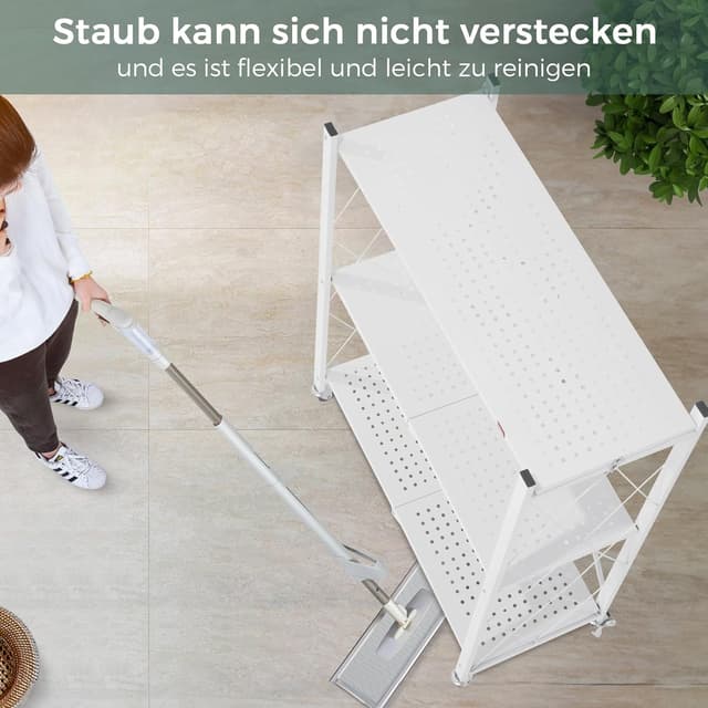 Detalle de DEANIC Klappregal mit 3 Ebenen und Rollen (61 x 85 x 28 cm, weiß) – Metallregal zum Aufbewahren