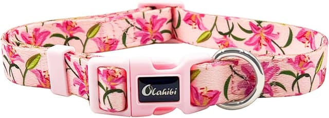Detalle de Olahibi Basic Dog Collar (S, Pink Lily) – soft and adjustable polyester collar for small dogs