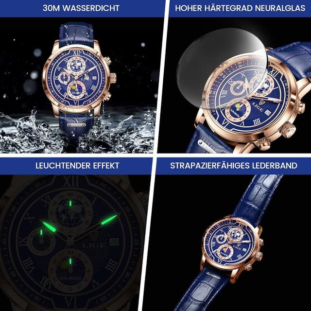 Detalle 2 de LIGE Herren Armbanduhr mit Lederarmband, Quarzwerk, Chronograph-Optik, Datum & Mondphase – wasserdicht bis 30 m