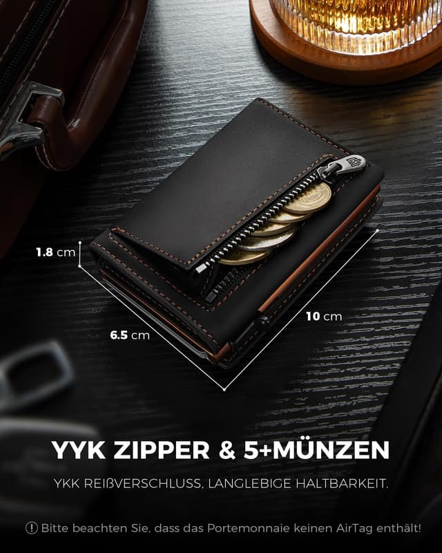 Detalle de DODENSHA AirTag porte-cartes homme avec protection RFID/NFC et porte-monnaie (Noir/orange)