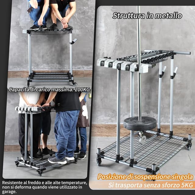 Detalle de QTJH Mehrzweck-Gartengeräte-Aufbewahrungsregal mit Rollen und Klemmsystem (bis zu 20 Langstielgeräte)