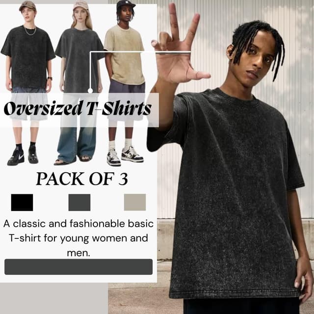 Detalle de Herren Oversized T-Shirt 3er Pack aus Baumwolle – Basic, retro gewaschen & lässig für jeden Tag