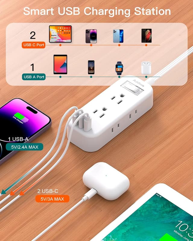 Detalle 2 de Extension Cord 15 ft Power Strip Surge Protector with 6 AC Outlets and 3 USB Ports (2 USB-C)