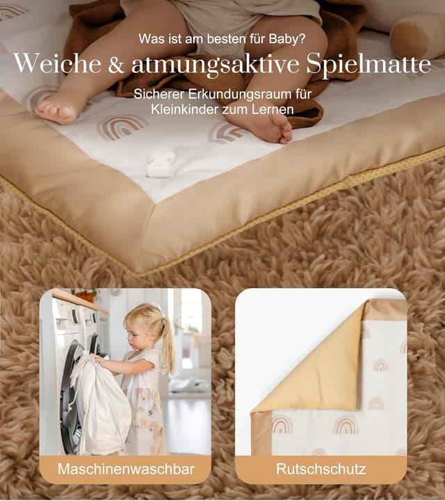Detalle de Mallify Spielbogen Baby Mädchen – Krabbeldecke mit 6 abnehmbaren Spielzeugen und 12 Meilensteinkarten