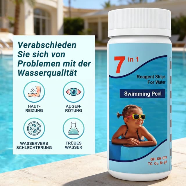Detalle de Joyzakzak 7-in-1 Pool-Teststreifen: pH & Chlor/Cyanursäure für Pool und Whirlpool (100 Stäbchen)