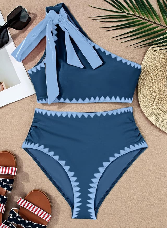 Detalle de Herseas Women’s One Bow Shoulder Ruched Bikini Set (2-Piece High-Waist)