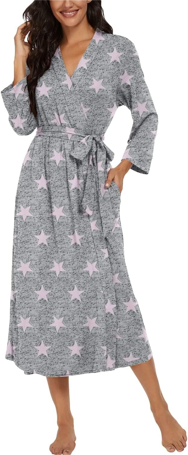 Detalle de PrinStory Damen Bademantel mit 3/4-Ärmeln und V-Ausschnitt (Kimono-Robe) – leichter Morgenmantel