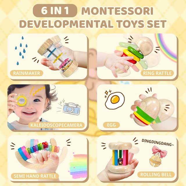 Detalle 2 de Wooden baby rattle set 6-piece for 1 year