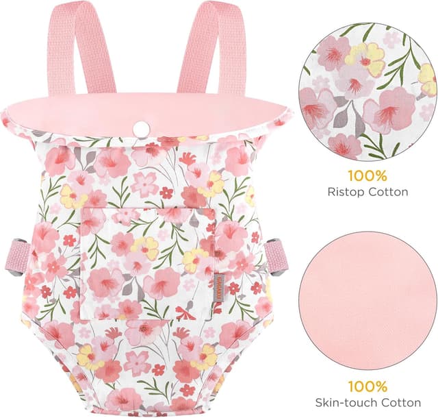 Detalle 2 de GAGAKU Puppentragegurt für Kinder ab 3 Jahren (100% Baumwolle) – Rosa Hibiskusblüte