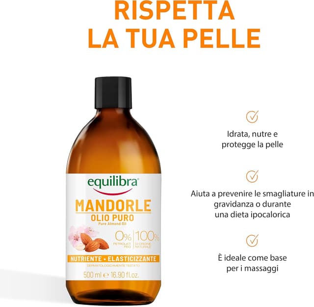 Detalle 2 de equilibra Corpo Olio di Mandorle Dolci Puro protettivo, nutriente ed elasticizzante (2 x 500 ml) per smagliature in gravidanza o dieta ipocalorica