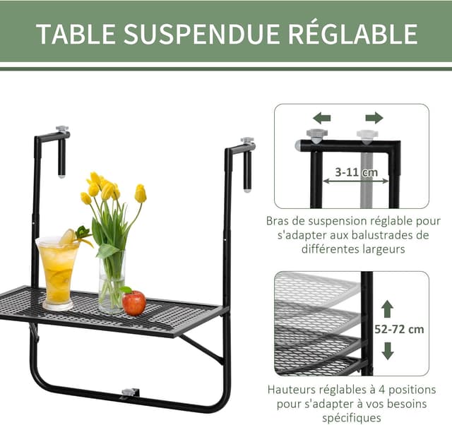 Thumbnail 3 de Outsunny Table de Balcon Suspendue