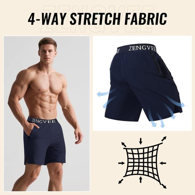 Detalle de Mens Gym Running Shorts Athletic 1/3 Pack with Zip Pockets – Quick-dry Lightweight Training Shorts