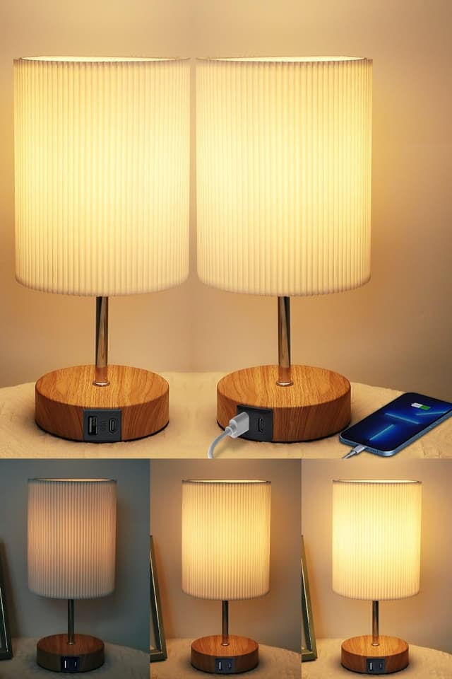 Detalle de HSLighting Touch-dimmbare Nachttischlampe mit USB A+C Schnellladen (E14 LED, 3 Helligkeitsstufen) – 2er-Set