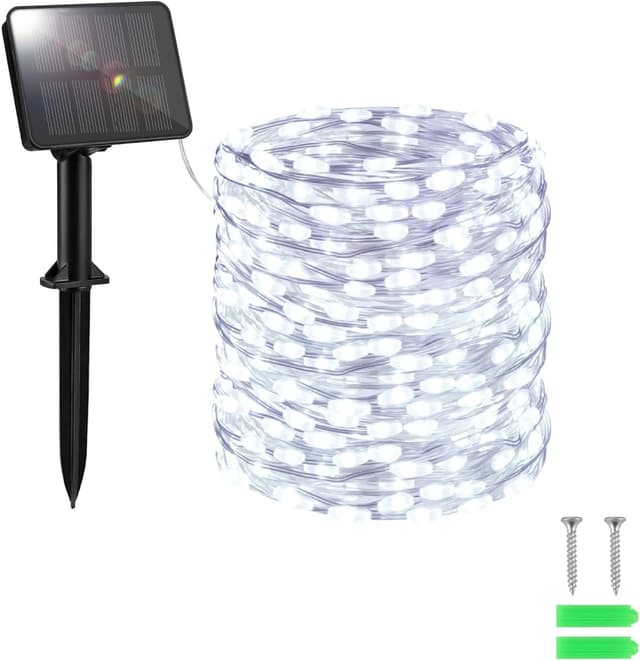 Detalle de FFZZKJ Solar Fairy Lights Outdoor Garden Lights Waterproof – 100 LED 10m with 8 Lighting Modes (Cold White)