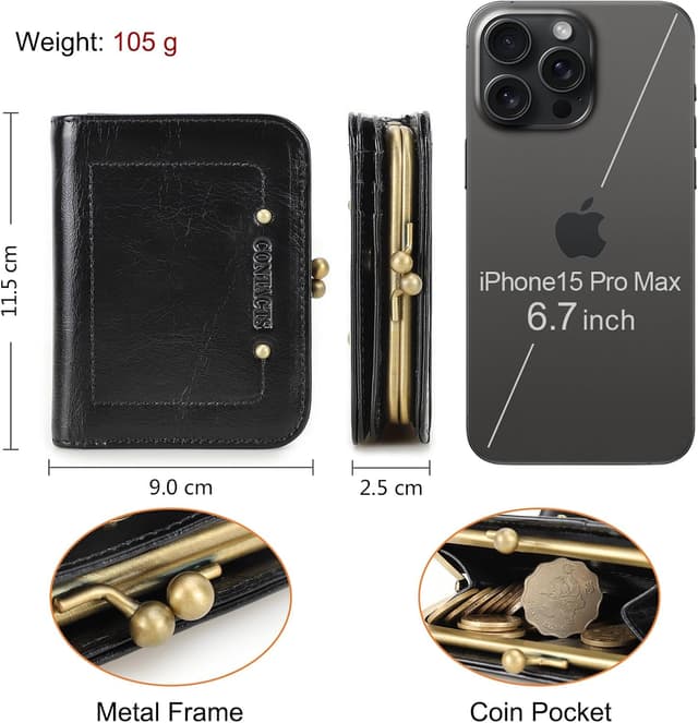 Detalle 2 de CONTACTS women’s RFID blocking slim wallet with kiss lock coin purse – genuine leather compact bifold (black)