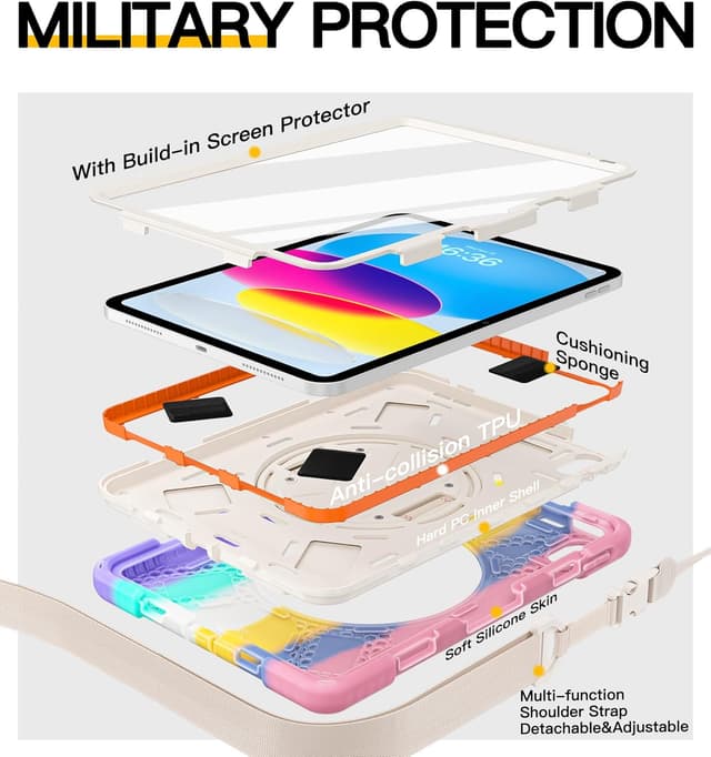 Thumbnail 6 de BRAECN Kids Case for iPad (A16) 11th / 10th Generation Heavy Duty Cover with Rotating Stand, Screen Protector & Shoulder Strap