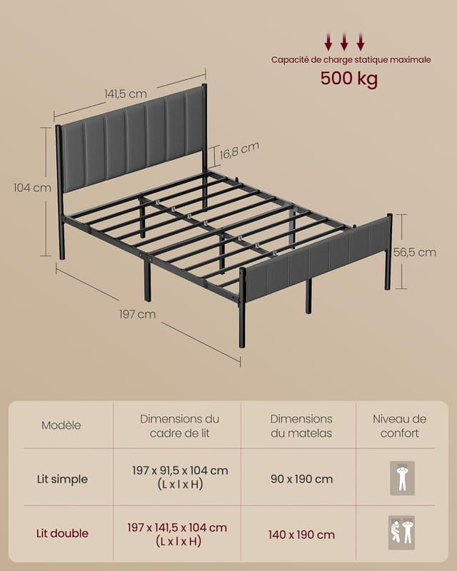 Thumbnail 1 de VASAGLE RMB973GN01 Cadre de lit 140x190 cm