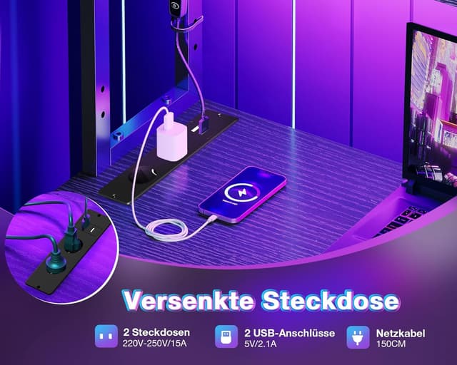 Detalle 2 de Coleshome Gaming Tisch in L-Form mit LED & Steckdosen, 110 × 80 cm (reversibel)