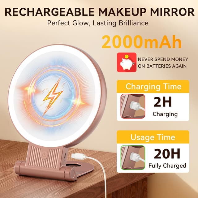 Detalle 2 de Auxmir Kosmetikspiegel mit Beleuchtung (30X/1X), 3 Farblichter, dimmbar, 2000 mAh