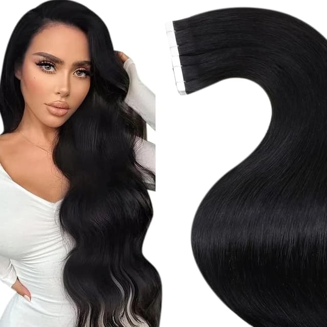 Detalle de LaaVoo Tape Extensions Echthaar Schwarz 45 cm (20 Stück, 50 g) – Tape-in Echthaar für natürliche Längen