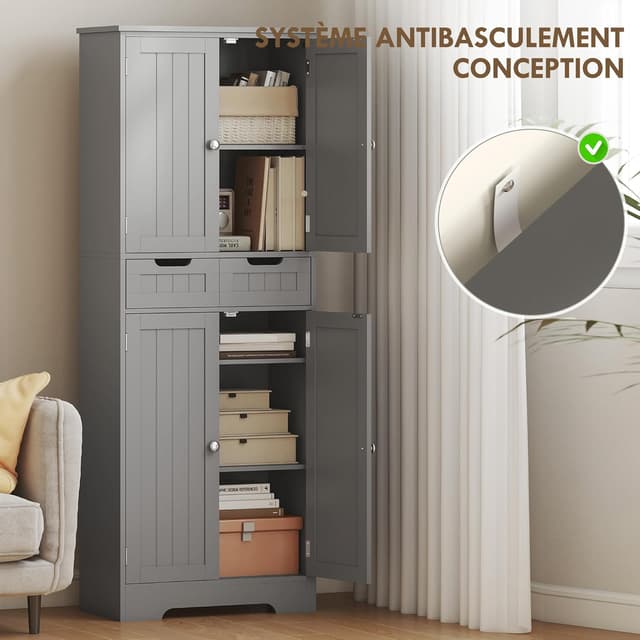 Detalle de HOMCOM Meuble de salle de bain avec tiroir et portes, étagère réglable, 60 x 30 x 160 cm (gris)