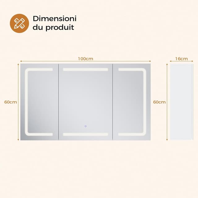 Detalle de Mojiasion Specchio Bagno LED sospeso 100x60 cm con 3 ante e presa integrata, 3 luci regolabili e memoria luminosità