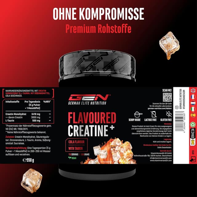 Detalle de Flavoured Creatine Pulver (550 g) – Creatin Monohydrat + L-Taurin, mikronisiert, vegan (Cola)