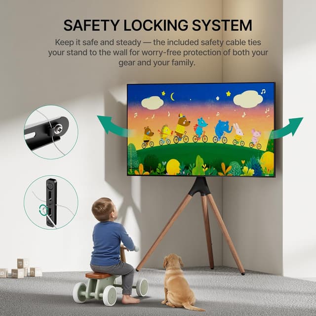 Detalle de ECOTINY Artistic Easel TV Stand (Tripod Floor Mount) for 43–65 Inch TVs, 180° Swivel, Max VESA 600×400mm, Black Walnut