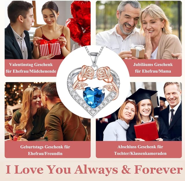 Thumbnail 6 de Fezodo Sterlingsilber 925 Halskette mit Rosenherz und Geburtsstein für Muttertag, Jahrestag & Valentinstag