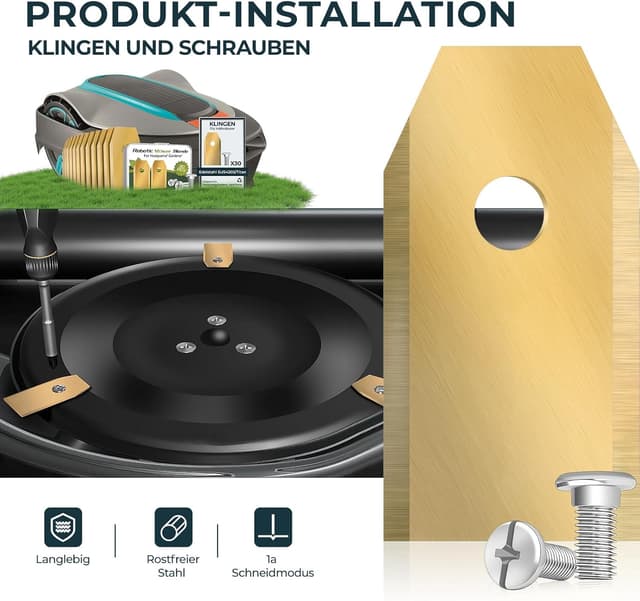 Detalle 1 de 30x Titan Messer Ersatzmesser für Mähroboter – Messerset + 30 Schrauben für Husqvarna, Gardena & Yard Force