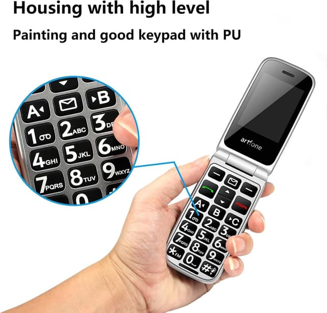 Detalle de artfone F30 4G SIM-Free unlocked flip phone with SOS button, big buttons and 2.4-inch display