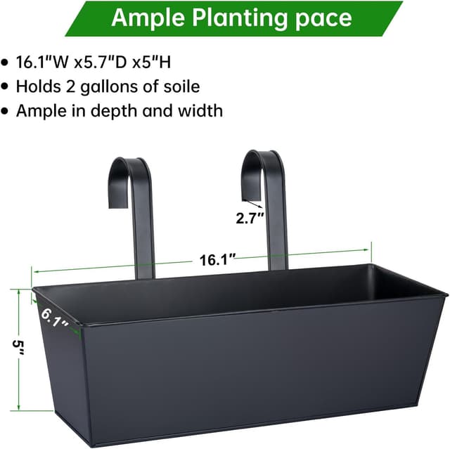 Detalle de OGIMA 41cm Railing Planter Box (3-pack) with adjustable wide hooks for 7cm railings