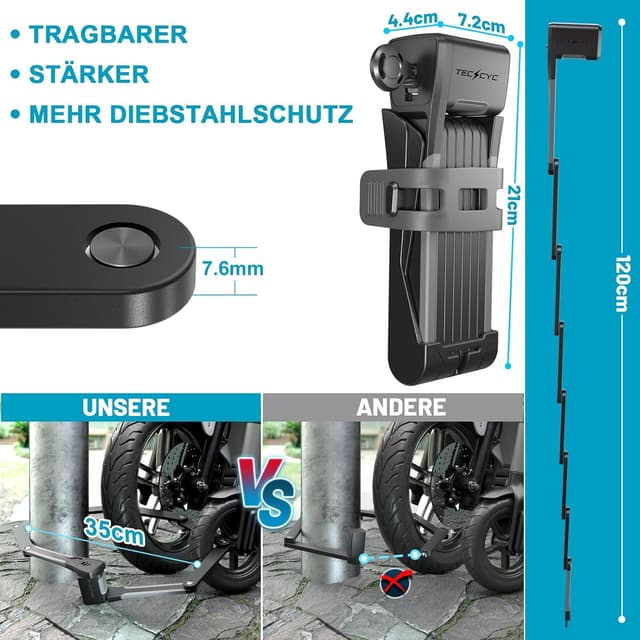 Detalle 2 de TECHCYC Faltschloss für Fahrräder mit 3 Schlüsseln, gehärteter Carbonstahl & Halterung (120 cm)