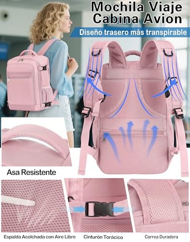 Detalle de KLOSTAIN Mochila de viaje cabina 40x20x25 (20L) para avión y portátil de 14” rosa
