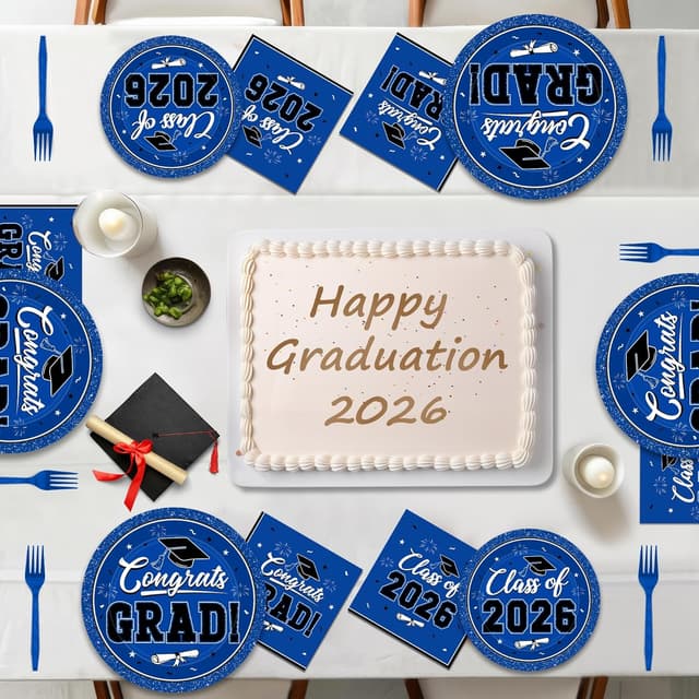 Detalle de 200-Piece 2026 Graduation Decorations Set (Blue Plates, Napkins & Forks) for 50 Guests