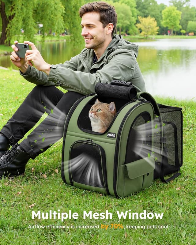 Detalle de Pecute Haustier Expansions Rucksack für Hund & Katze (erweiterbar, Front Opening, Mesh-Fenster) – dunkelgrün