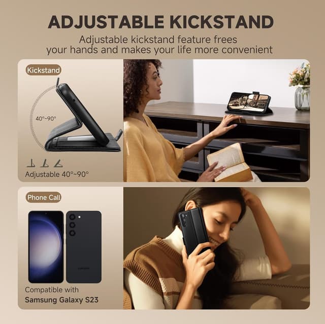 Detalle de CASBST for Samsung Galaxy S23 Kickstand Flip Leather Wallet Case with Card Slots (Black)