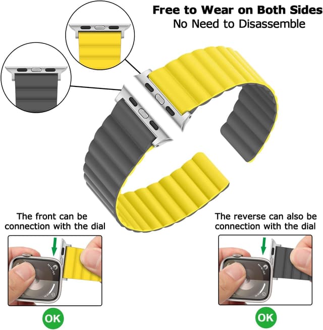 Detalle de Tasikar Magnetic Straps for Apple Watch (Silicone with Magnetic Closure) in Yellow-Gray, compatible with 38mm–42mm