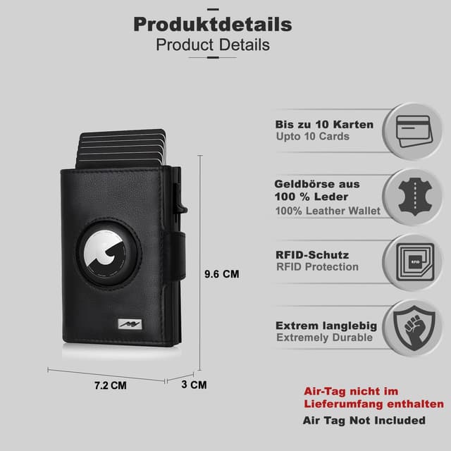 Detalle de Marc Peter Chicago Leder Push Air Slim Wallet – AirTag-Geldbörse mit Münzfach (RFID-Schutz) in Schwarz