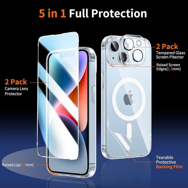 Detalle 2 de Coque magnétique Phoona pour iPhone 14 avec protection caméra et 2 vitres trempées, compatible MagSafe (TPU/PC transparent)