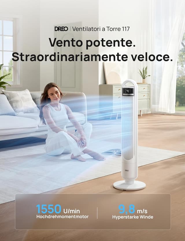 Detalle de DREO ventilatore a torre smart per camera da letto 28 dB, 4 velocità, 3 modalità, controllo app e oscillazione 90°