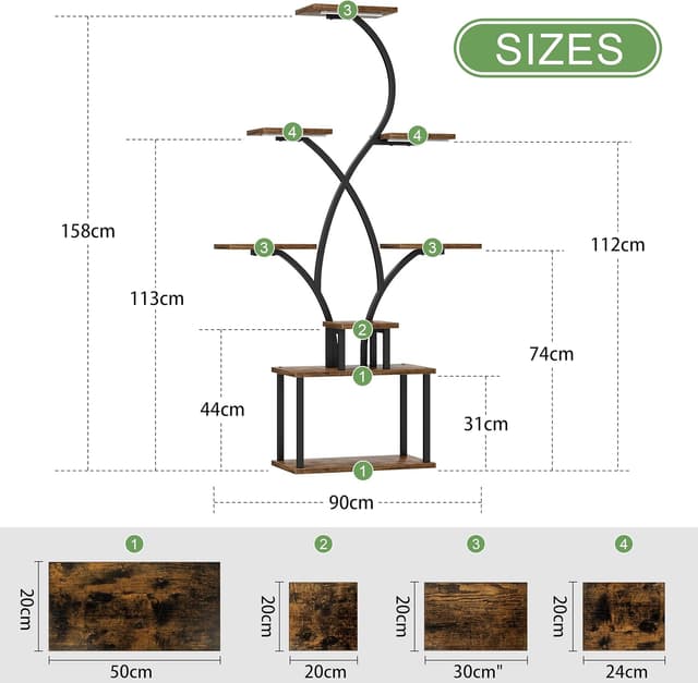 Thumbnail 6 de BACEKOLL scaffale per piante con luci di crescita, 8 livelli (158 cm) in metallo e legno, nero