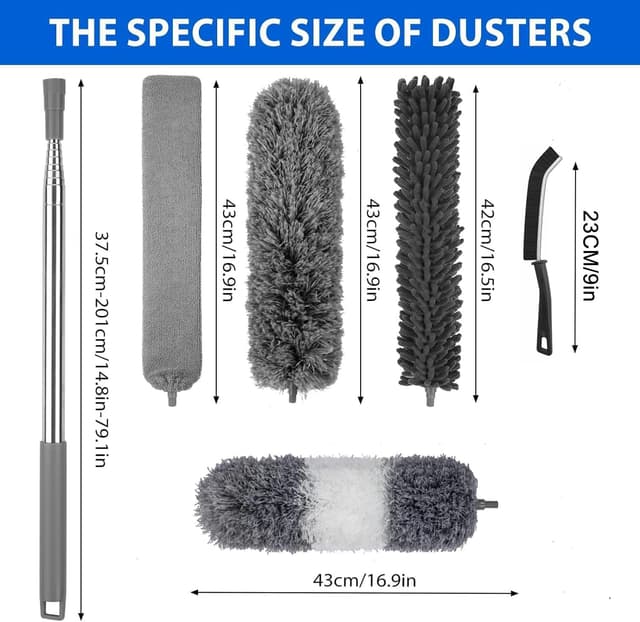 Detalle de Feather Duster 7-piece extendable, bendable, washable cobweb brush kit (up to 100 inches) – Grey