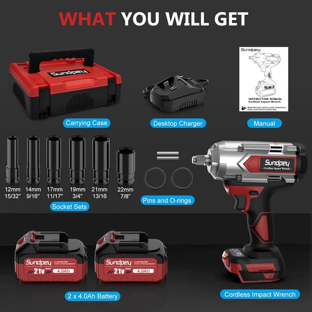 Thumbnail 6 de Sundpey Cordless Impact Wrench 1200N·m (900Ft-lbs) 1/2in with 2 x 4000mAh batteries