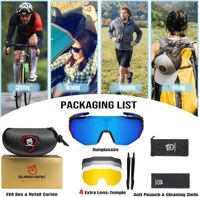 Detalle de Queshark occhiali da ciclismo polarizzati anti-UV con lenti intercambiabili (UV400)