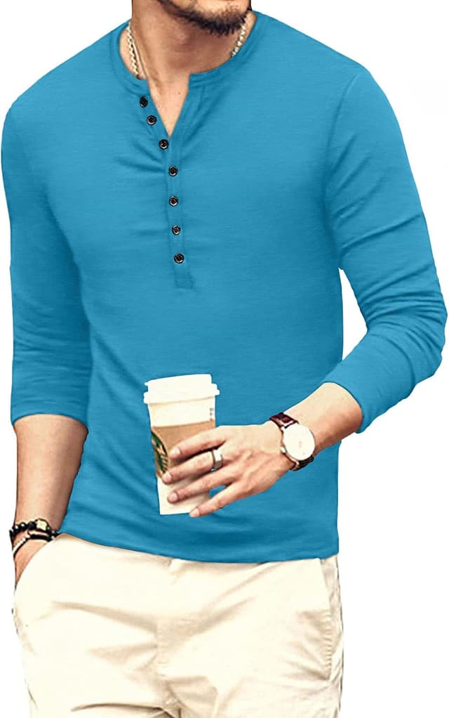 Detalle de KUYIGO men’s cotton slim fit henley T-shirt with 7 buttons (short sleeve)